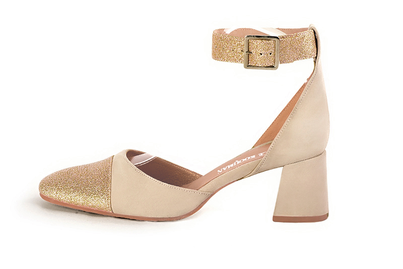 Gold and champagne white women's open side shoes, with a strap around the ankle. Round toe. Medium flare heels. Profile view - Florence KOOIJMAN